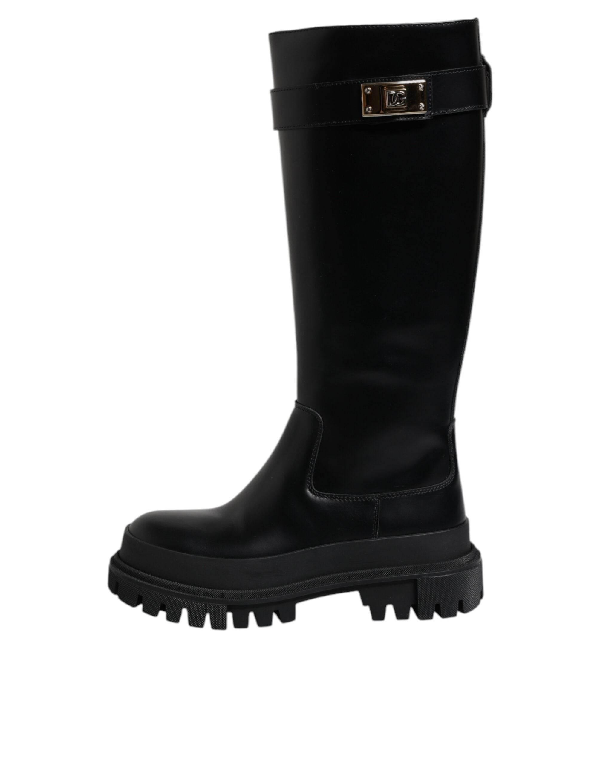 Dolce & Gabbana Black DG Logo Calf Leather High Boots Shoes - Hilstor