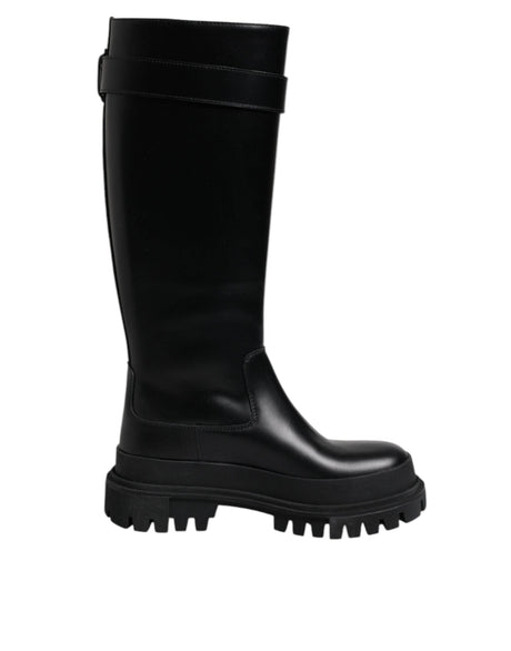 Dolce & Gabbana Black DG Logo Calf Leather High Boots Shoes - Hilstor
