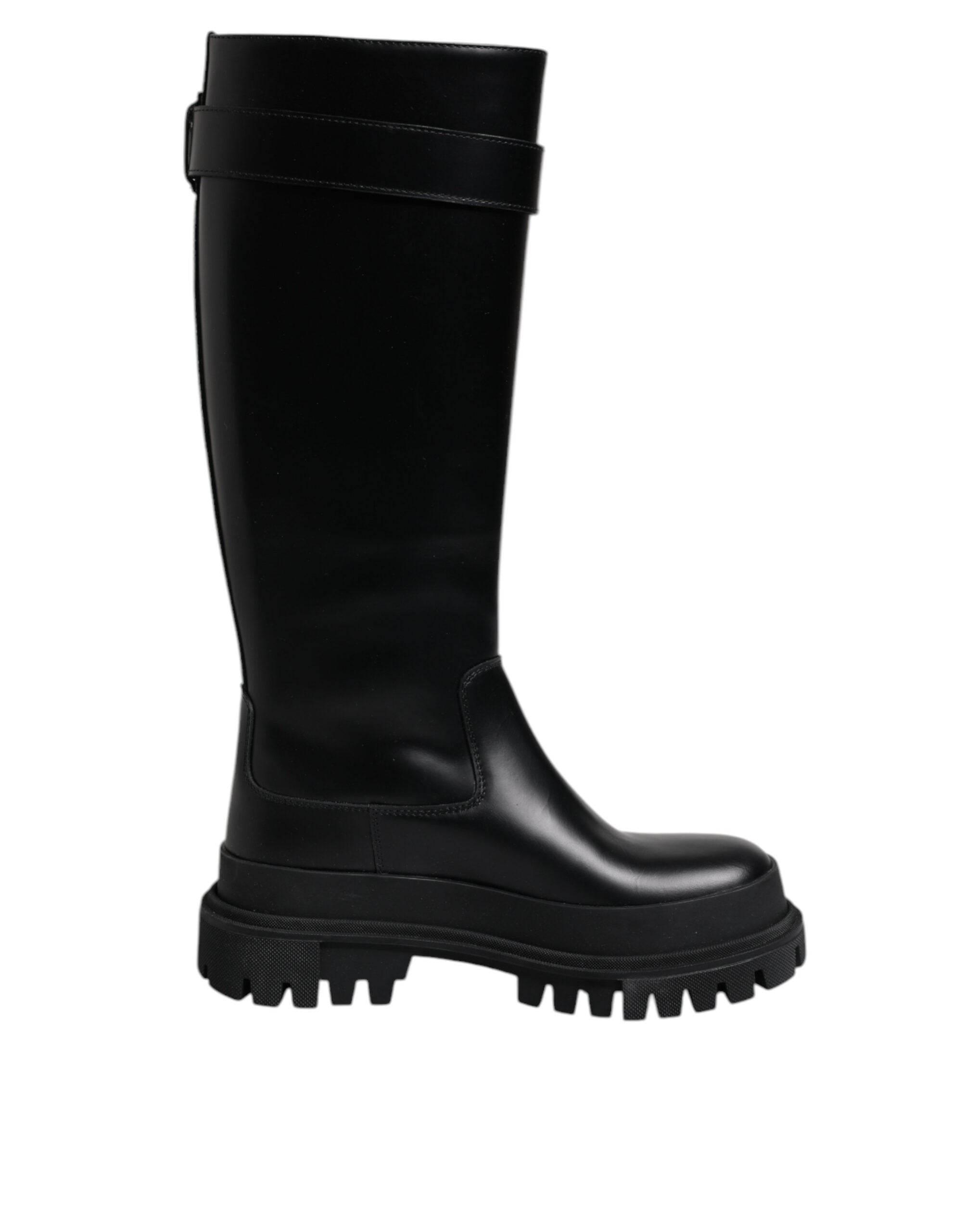 Dolce & Gabbana Black DG Logo Calf Leather High Boots Shoes - Hilstor