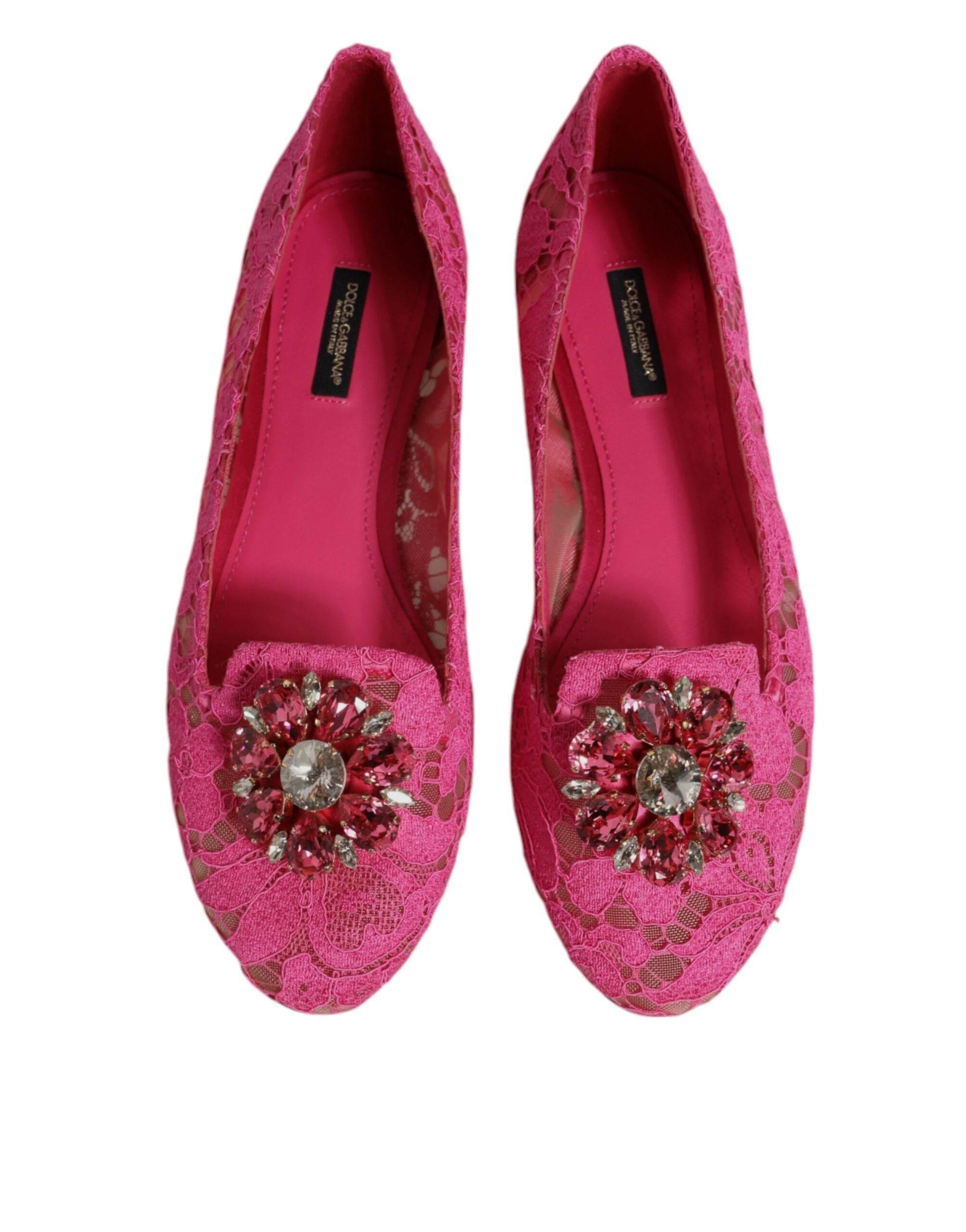Dolce & Gabbana Fuchsia Crystal Loafer Lace Ballet Flats Shoes - Hilstor