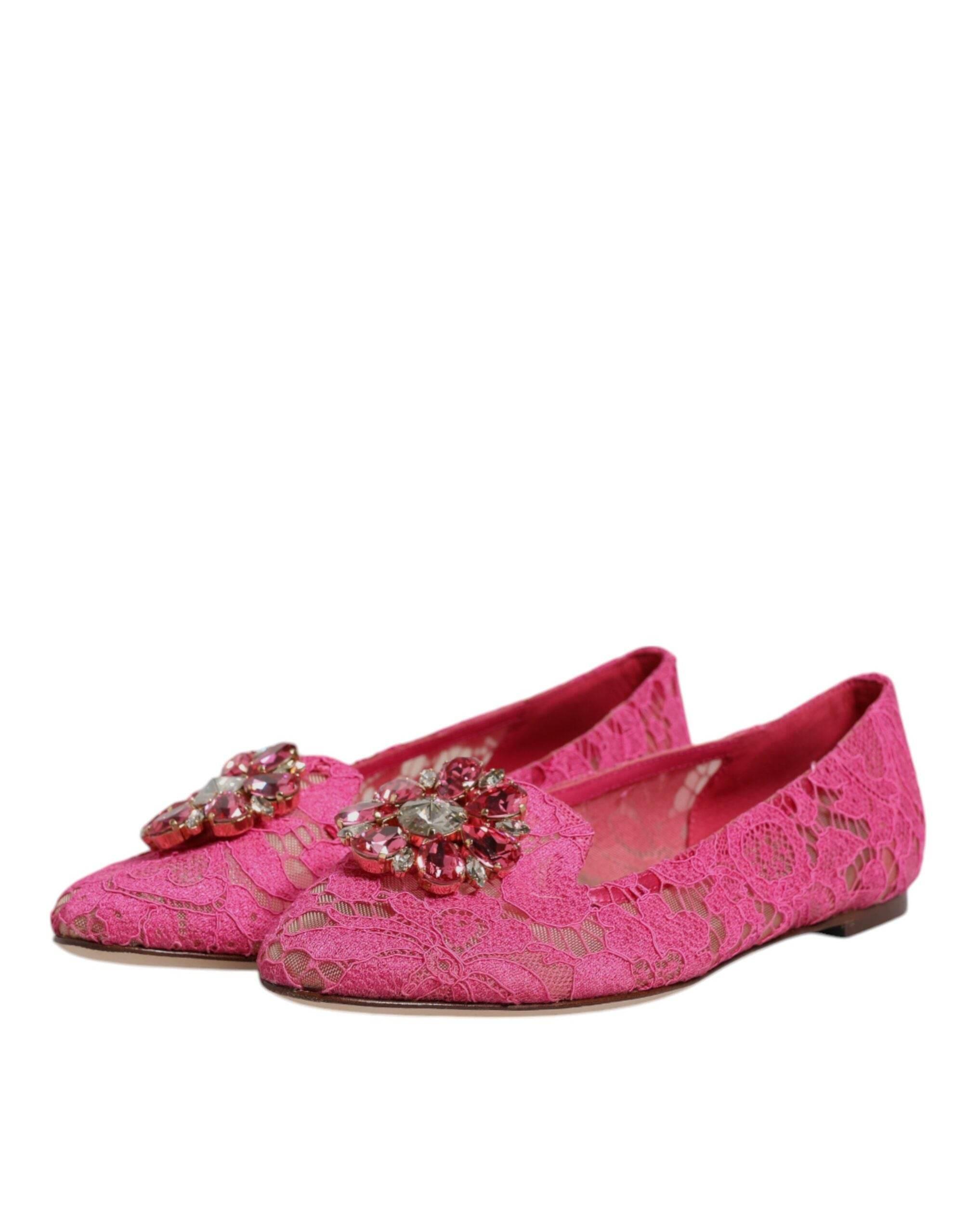 Dolce & Gabbana Fuchsia Crystal Loafer Lace Ballet Flats Shoes - Hilstor