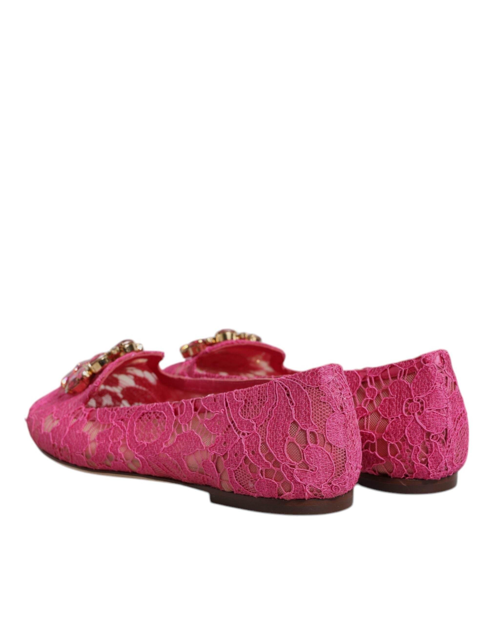 Dolce & Gabbana Fuchsia Crystal Loafer Lace Ballet Flats Shoes - Hilstor