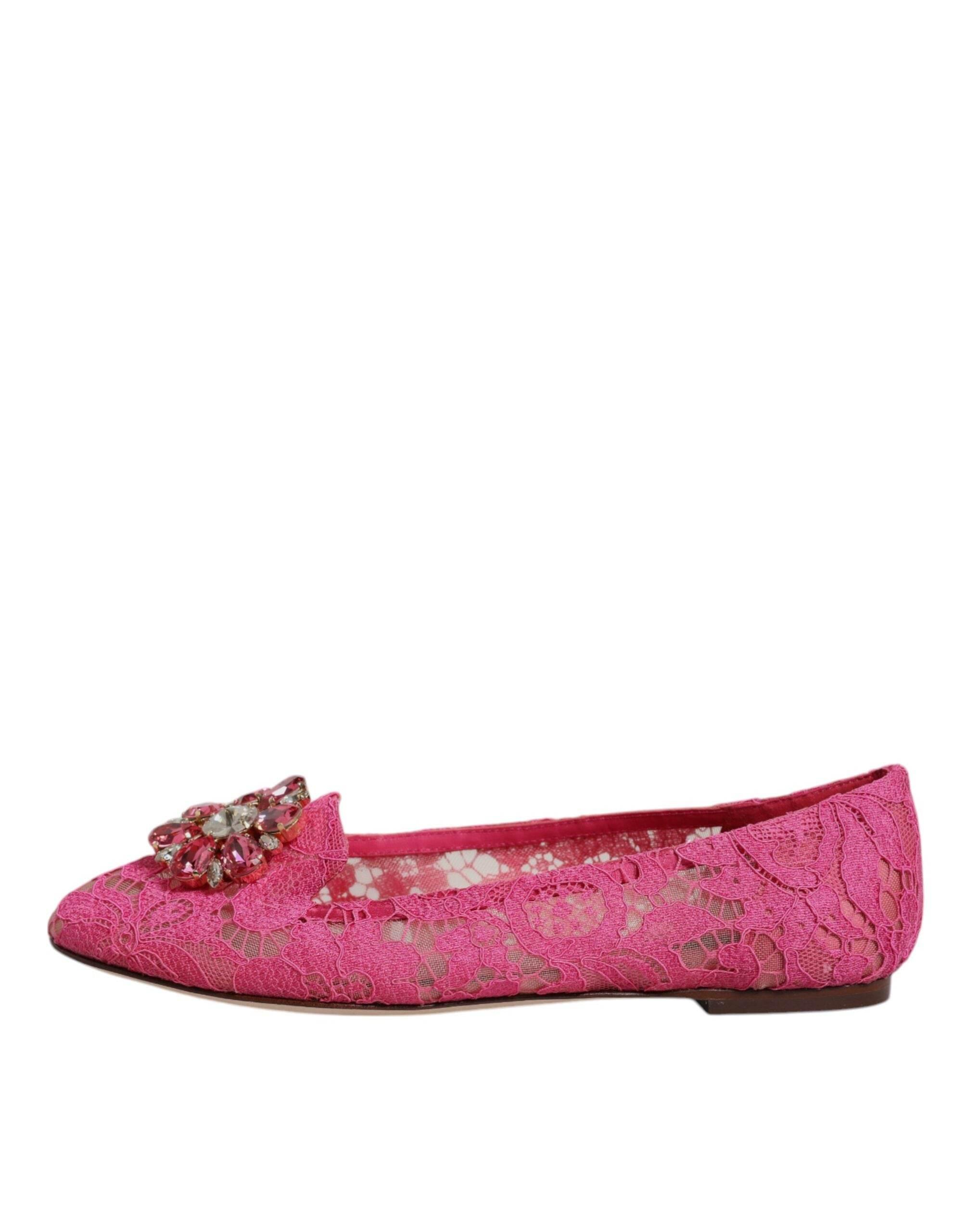 Dolce & Gabbana Fuchsia Crystal Loafer Lace Ballet Flats Shoes - Hilstor