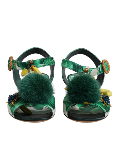Dolce & Gabbana Green Crystal Fur Embellished Sandals Shoes - Hilstor