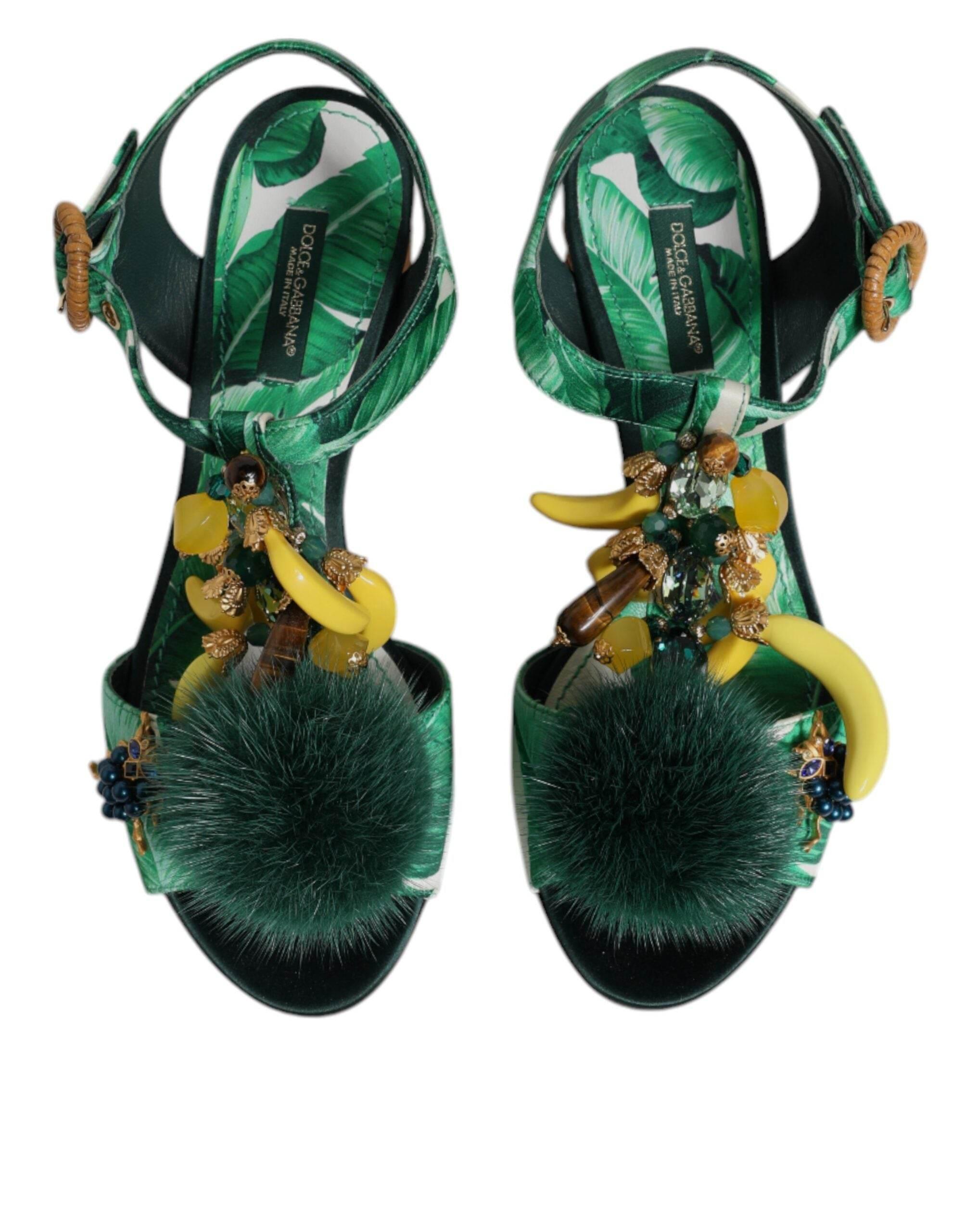 Dolce & Gabbana Green Crystal Fur Embellished Sandals Shoes - Hilstor