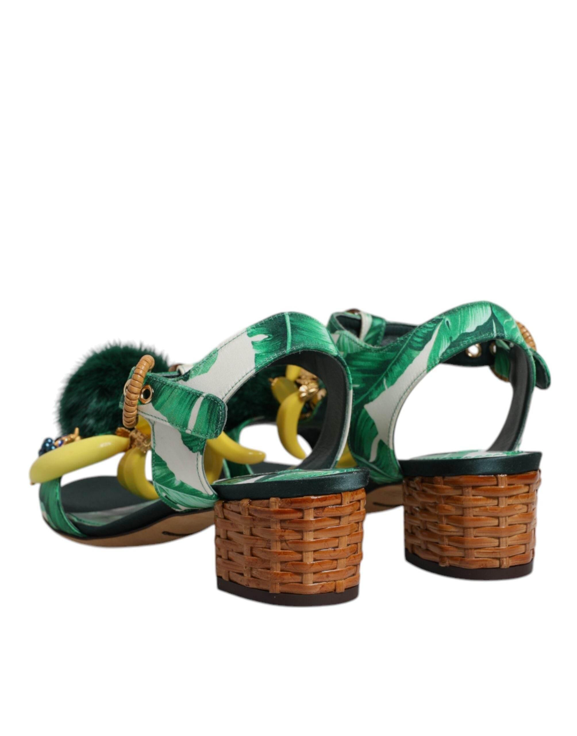 Dolce & Gabbana Green Crystal Fur Embellished Sandals Shoes - Hilstor