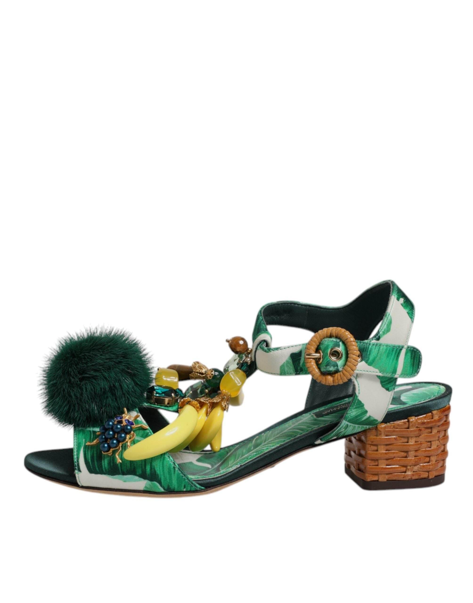 Dolce & Gabbana Green Crystal Fur Embellished Sandals Shoes - Hilstor