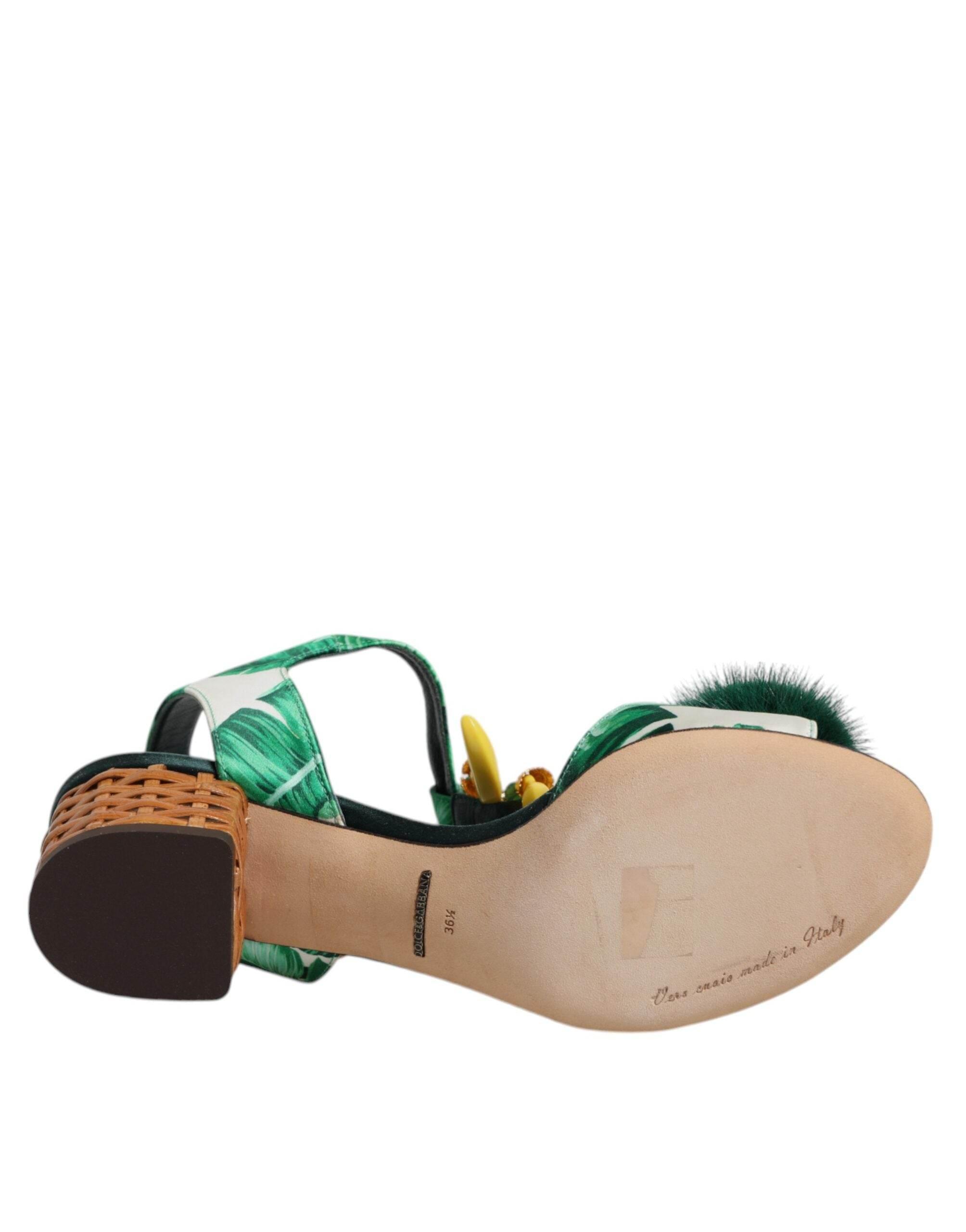 Dolce & Gabbana Green Crystal Fur Embellished Sandals Shoes - Hilstor