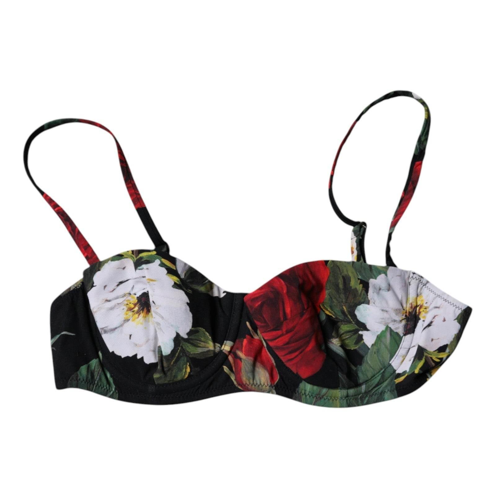 Dolce & Gabbana Black Floral Print Nylon Balconcino Bra Underwear - Hilstor