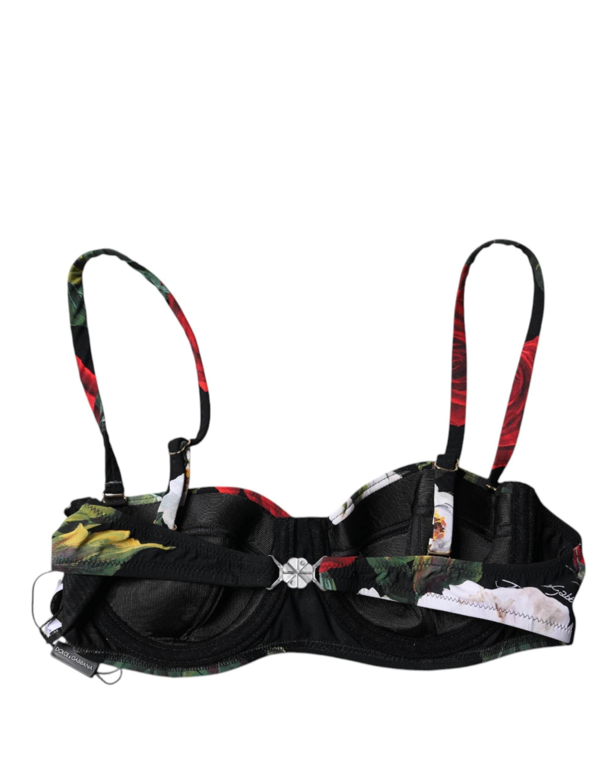 Dolce & Gabbana Black Floral Print Nylon Balconcino Bra Underwear - Hilstor
