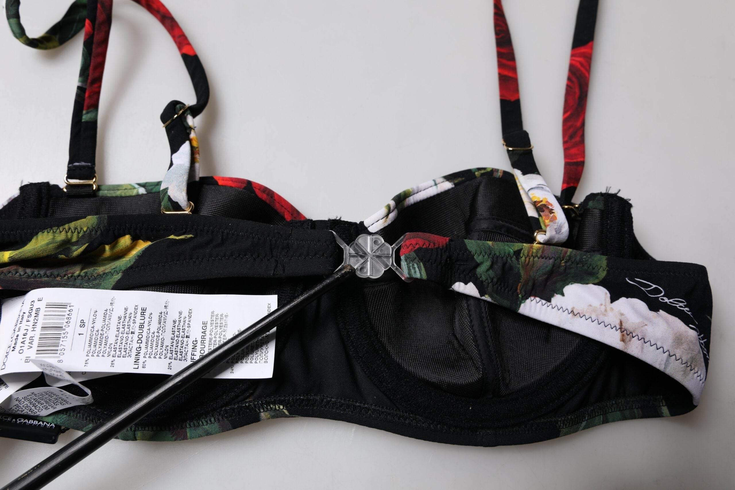 Dolce & Gabbana Black Floral Print Nylon Balconcino Bra Underwear - Hilstor