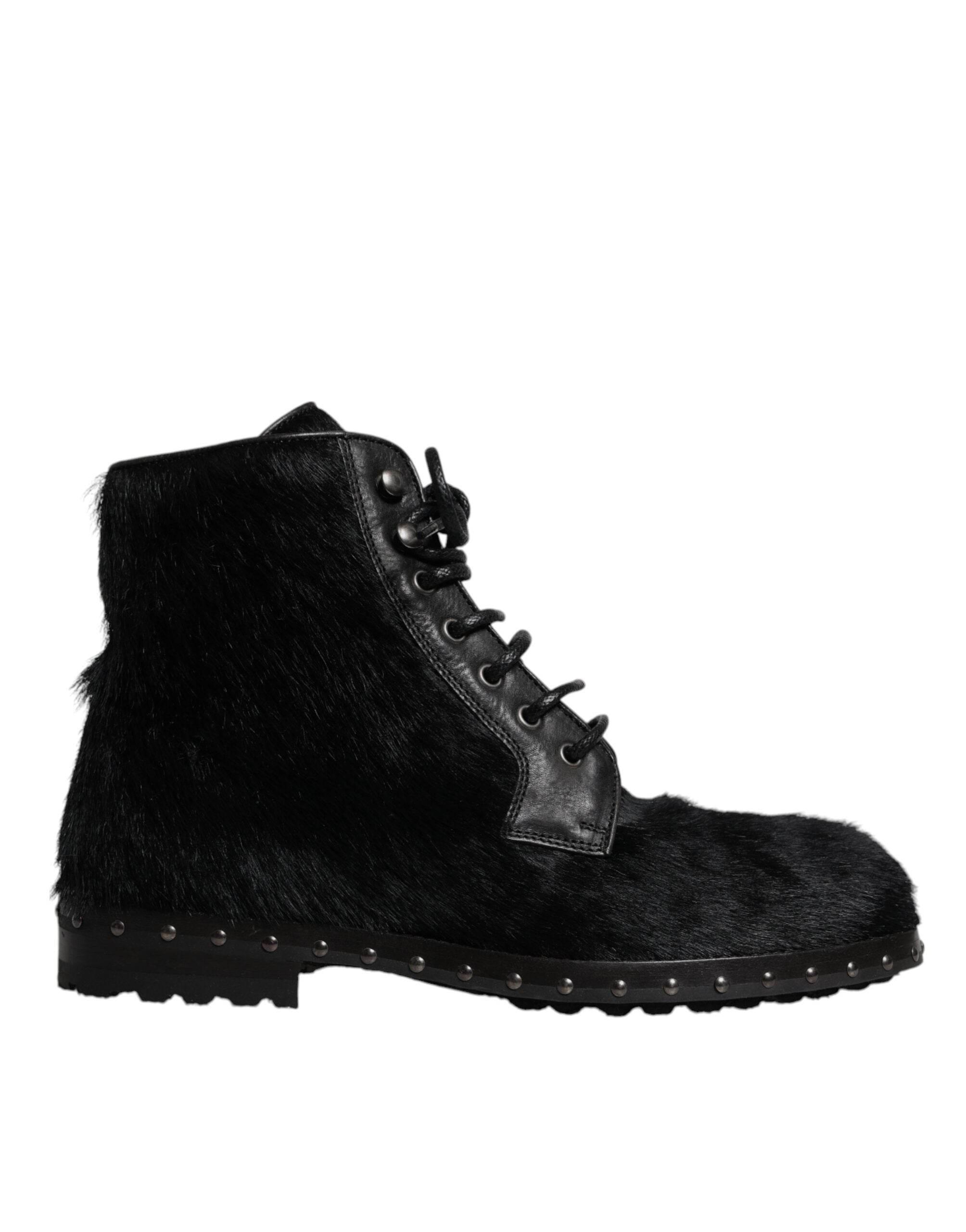 Dolce & Gabbana Black Pony Style Leather Mid Calf Boots Shoes - Hilstor
