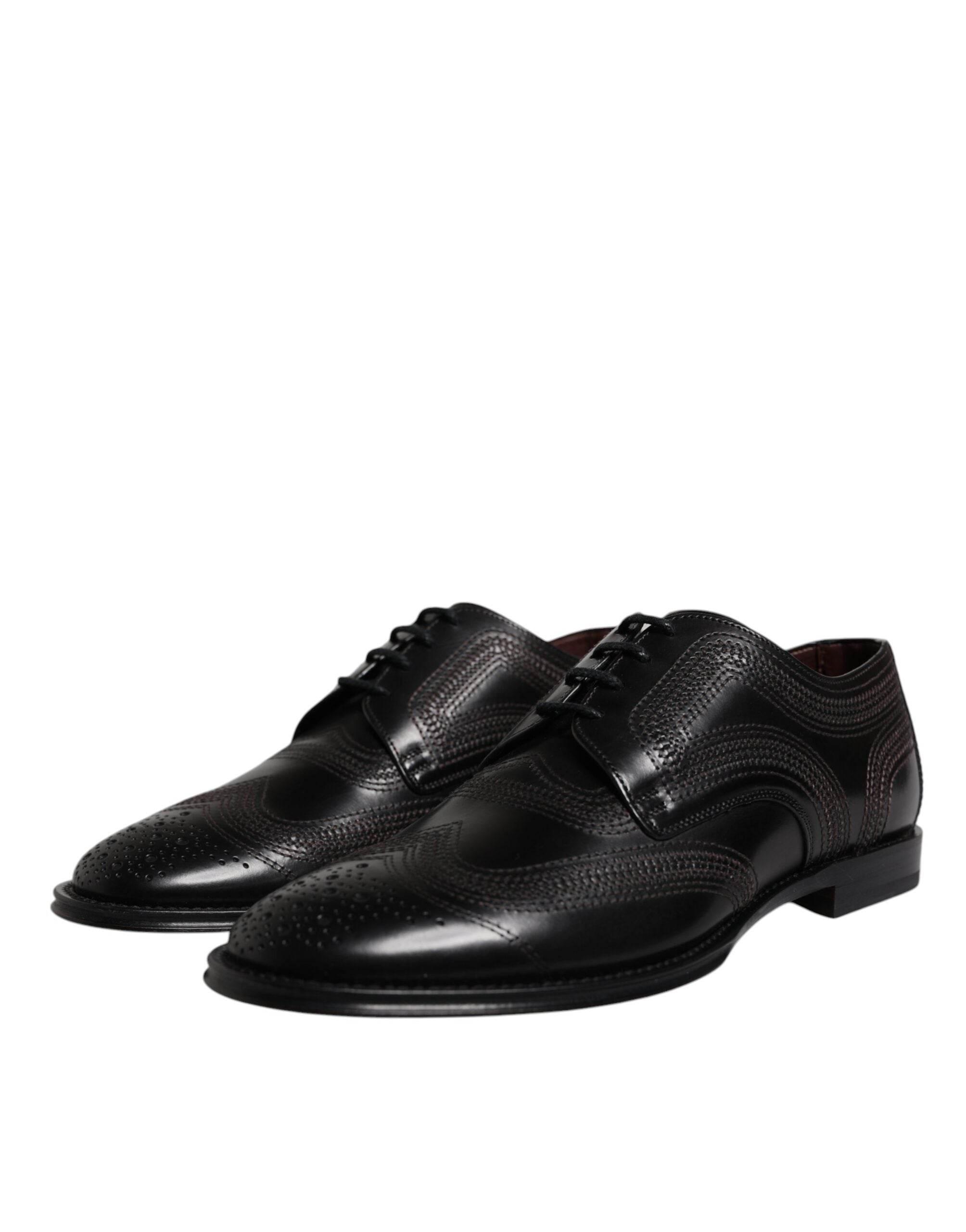 Dolce & Gabbana Black Embroidered Classic Leather Derby Dress Shoes - Hilstor