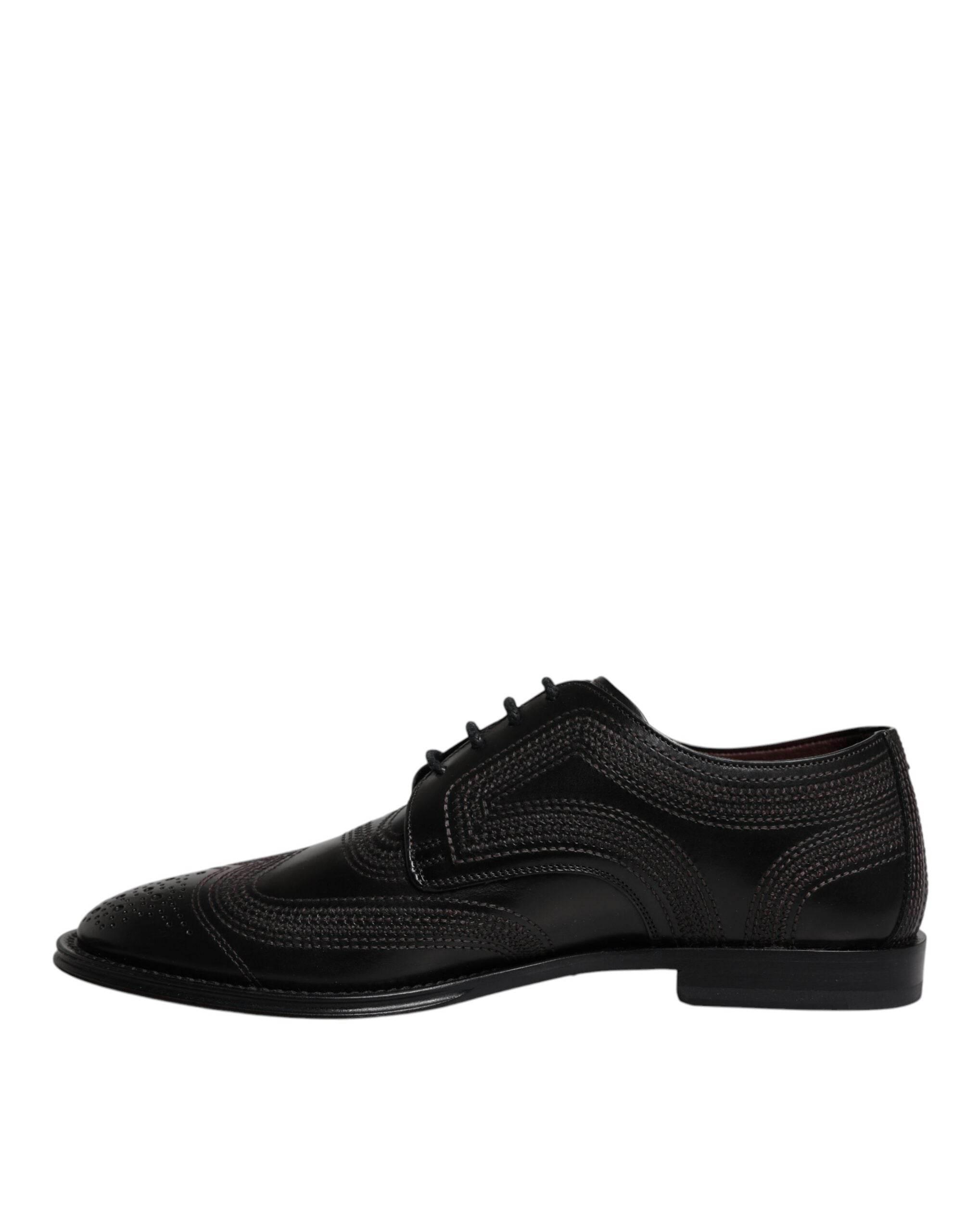 Dolce & Gabbana Black Embroidered Classic Leather Derby Dress Shoes - Hilstor