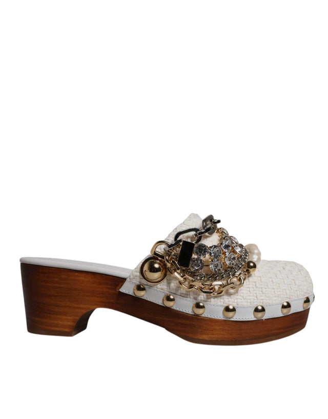 Dolce & Gabbana White Raffia Clogs Bejeweled Chain Sandals Shoes - Hilstor
