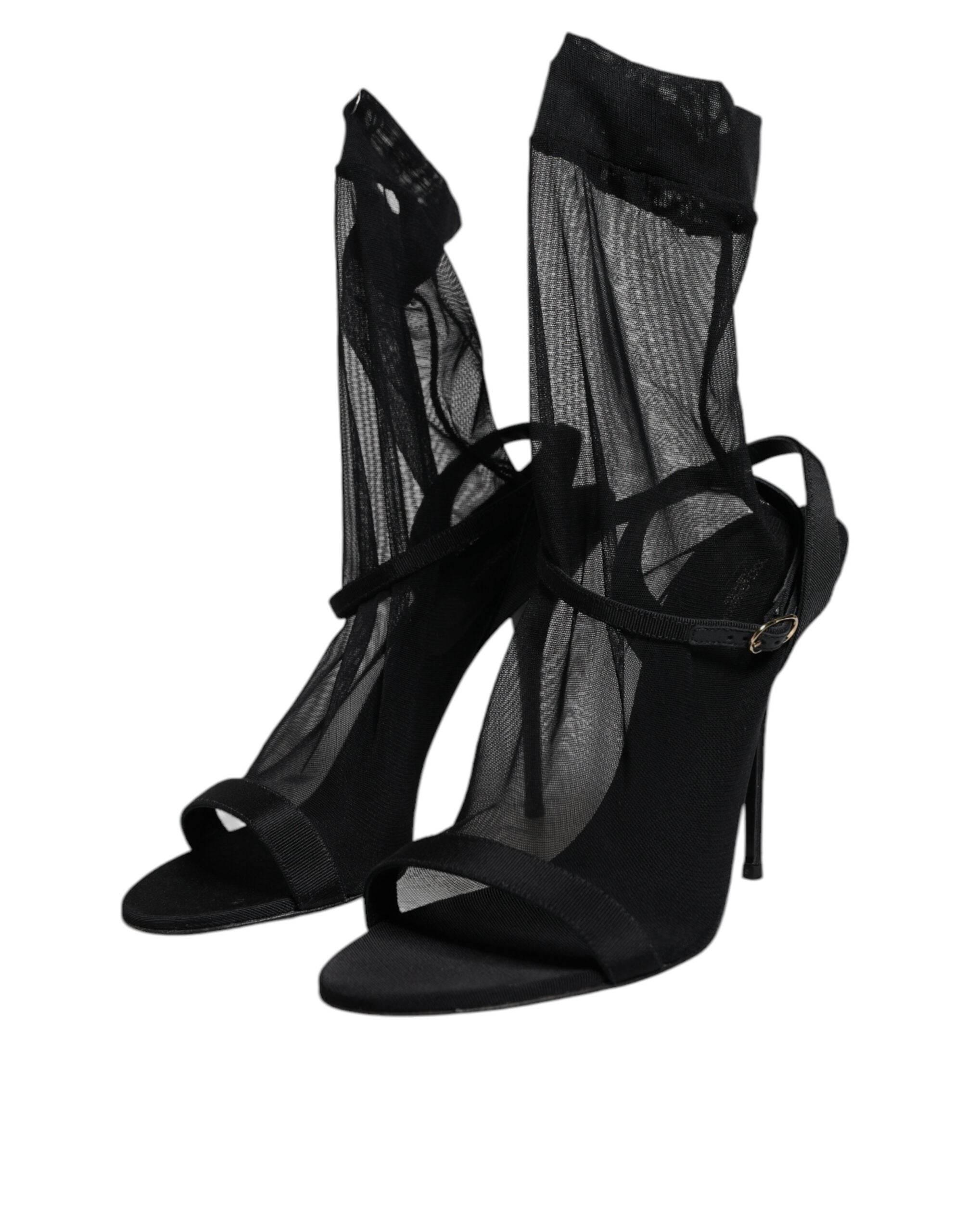 Dolce & Gabbana Black Tulle Stretch Heels Sandals Shoes - Hilstor