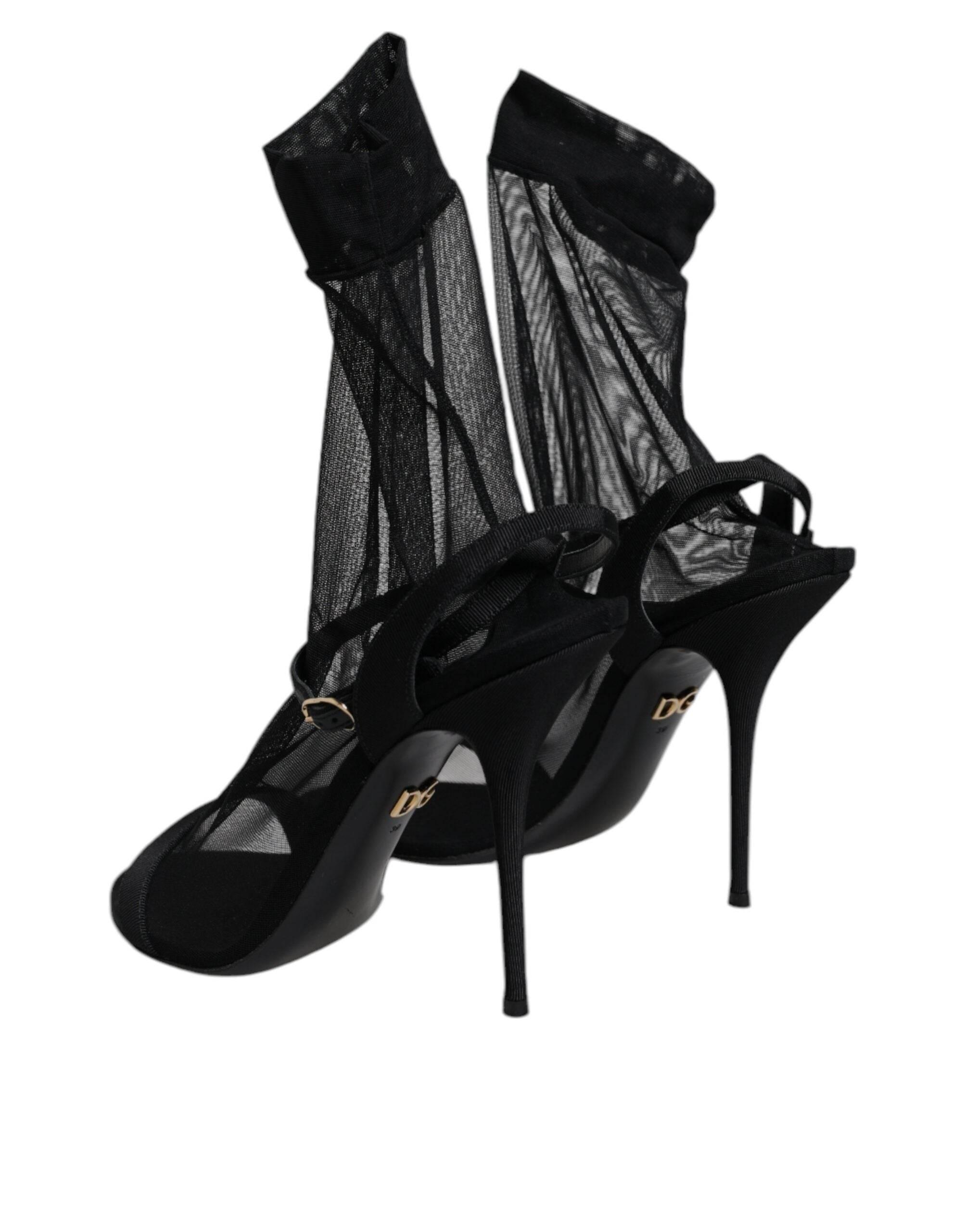Dolce & Gabbana Black Tulle Stretch Heels Sandals Shoes - Hilstor