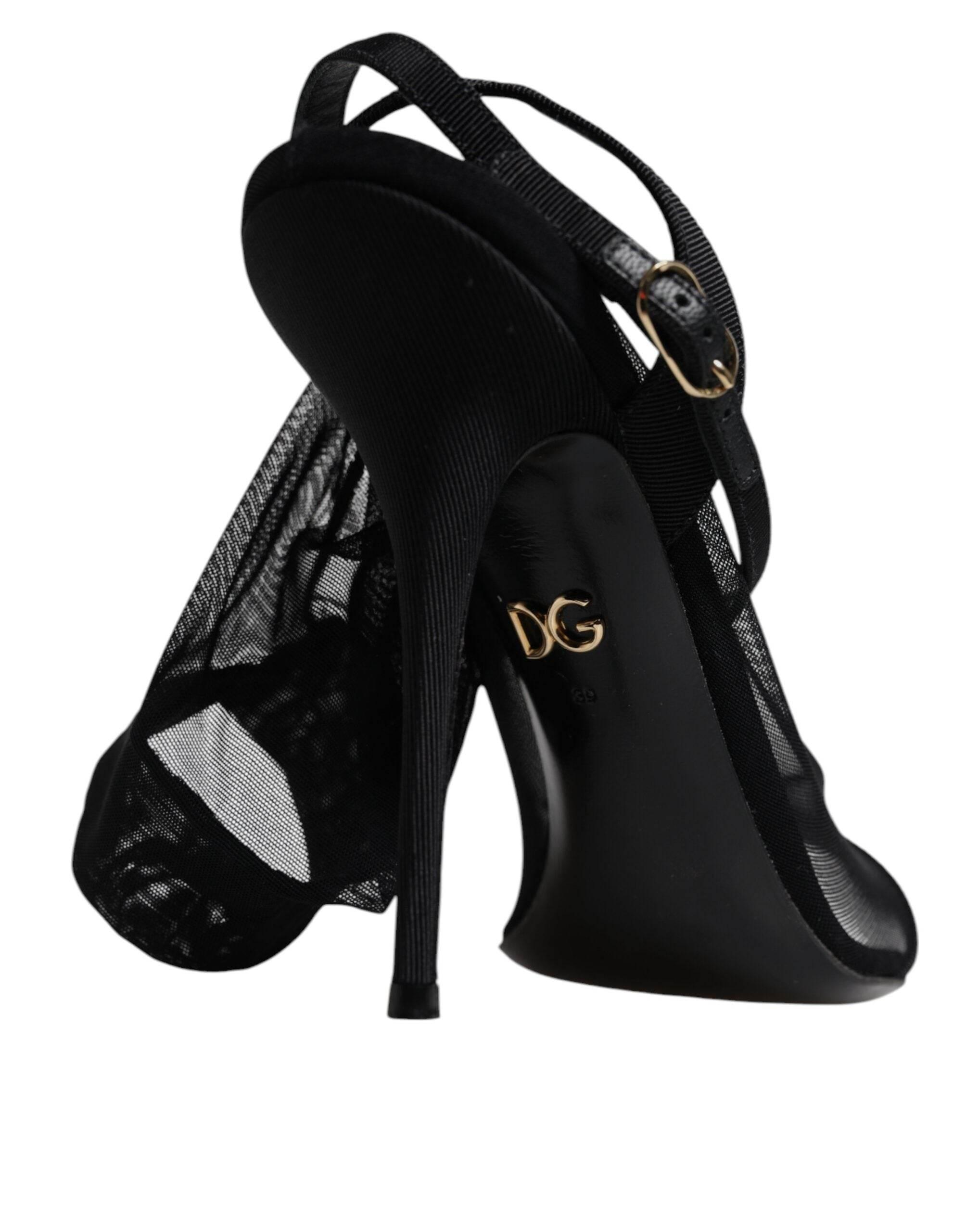 Dolce & Gabbana Black Tulle Stretch Heels Sandals Shoes - Hilstor