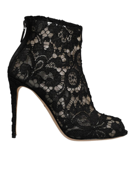 Dolce & Gabbana Black Floral Lace Heels Ankle Boots Shoes - Hilstor