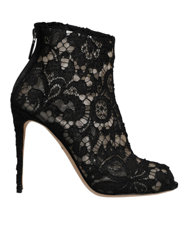 Dolce & Gabbana Black Floral Lace Heels Ankle Boots Shoes - Hilstor