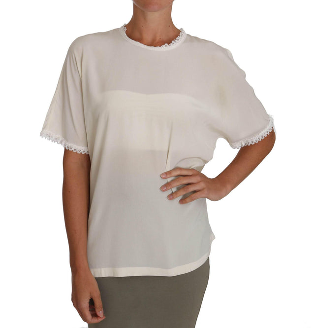 Dolce & Gabbana Cream Silk Lace-Detailed Blouse Top - Hilstor