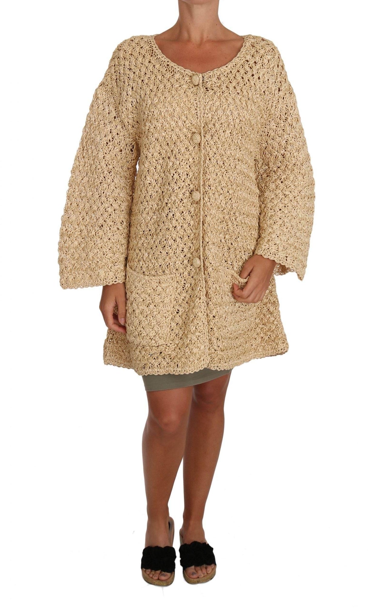 Dolce & Gabbana Chic Beige Crochet Knitted Raffia Cardigan - Hilstor