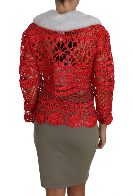 Dolce & Gabbana Red Cardigan Crochet Knit Raffia Sweater - Hilstor