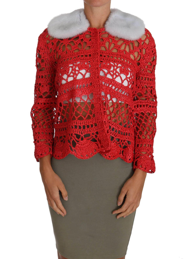 Dolce & Gabbana Elegant Red Crochet Knit Cardigan with Fur Collar - Hilstor