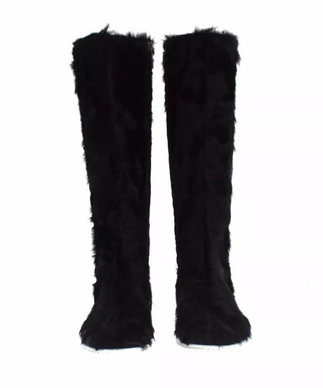 Dolce & Gabbana Black Xiangao Lamb Fur Leather Boots Shoes - Hilstor