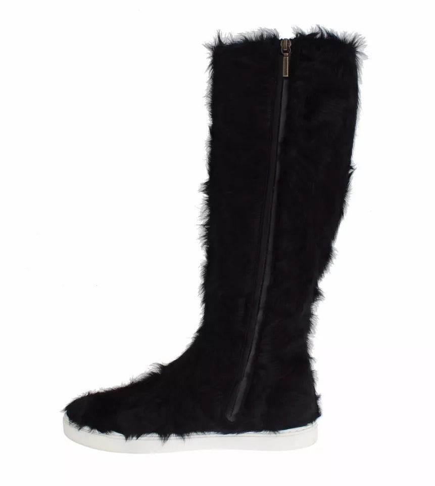 Dolce & Gabbana Black Xiangao Lamb Fur Leather Boots Shoes - Hilstor