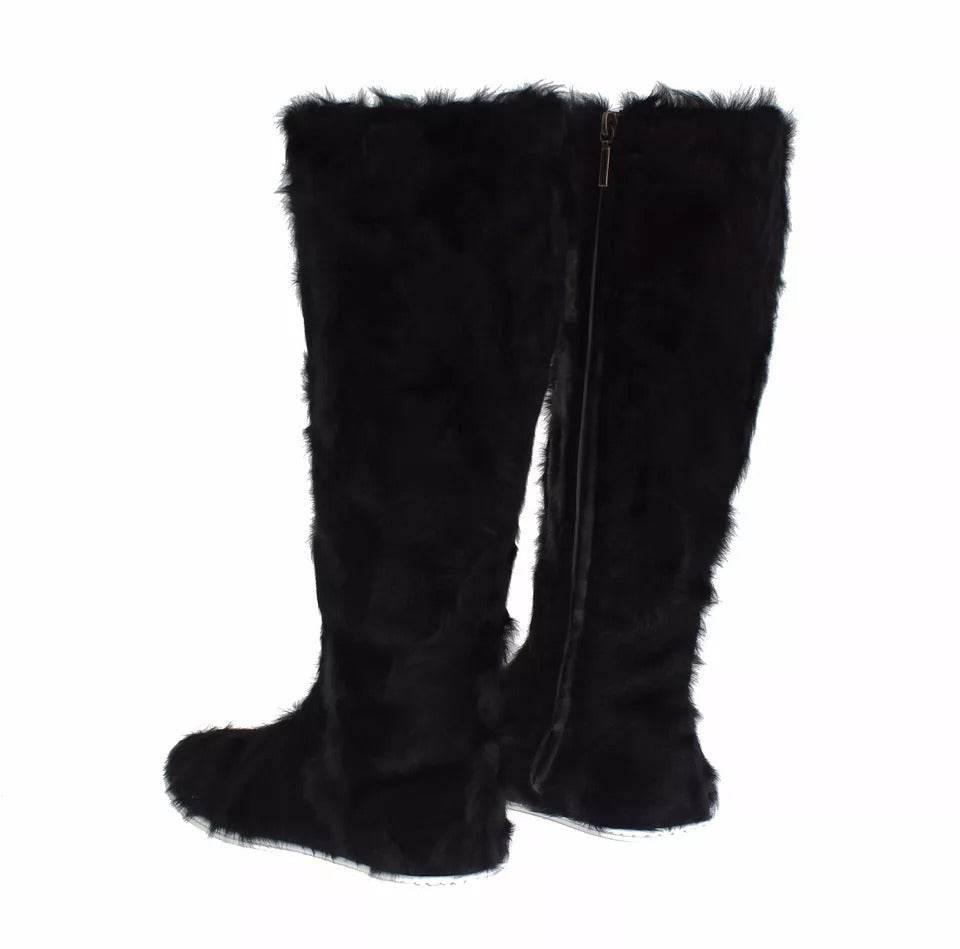Dolce & Gabbana Black Xiangao Lamb Fur Leather Boots Shoes - Hilstor