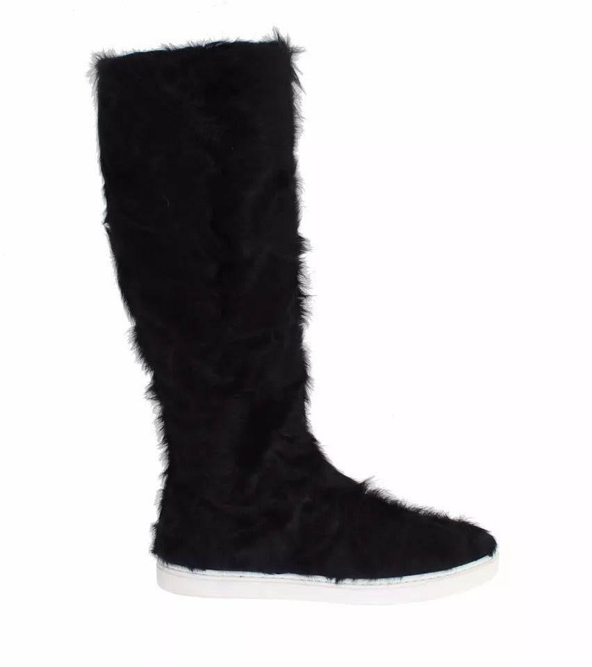 Dolce & Gabbana Black Xiangao Lamb Fur Leather Boots Shoes - Hilstor