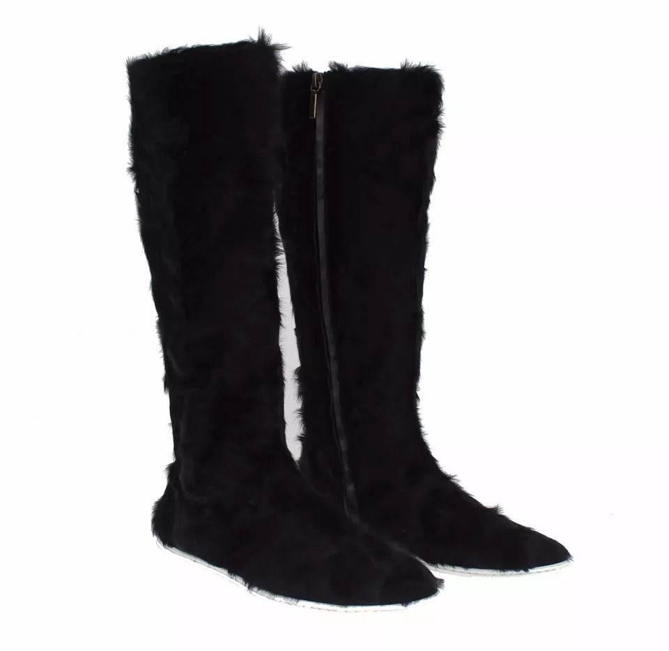 Dolce & Gabbana Black Xiangao Lamb Fur Leather Boots Shoes - Hilstor