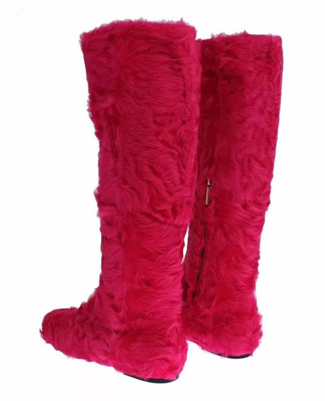 Dolce & Gabbana Pink Lamb Fur Leather Flat Boots Shoes - Hilstor