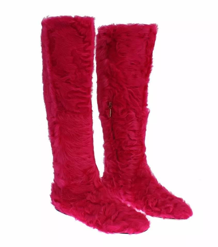 Dolce & Gabbana Pink Lamb Fur Leather Flat Boots Shoes - Hilstor