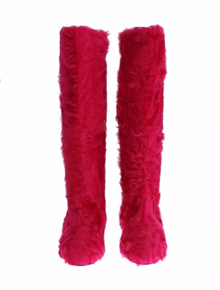Dolce & Gabbana Pink Lamb Fur Leather Flat Boots Shoes - Hilstor