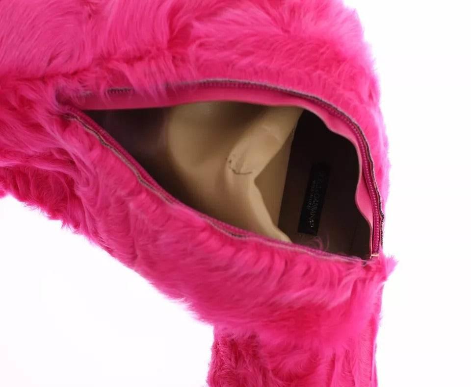 Dolce & Gabbana Pink Lamb Fur Leather Flat Boots Shoes - Hilstor