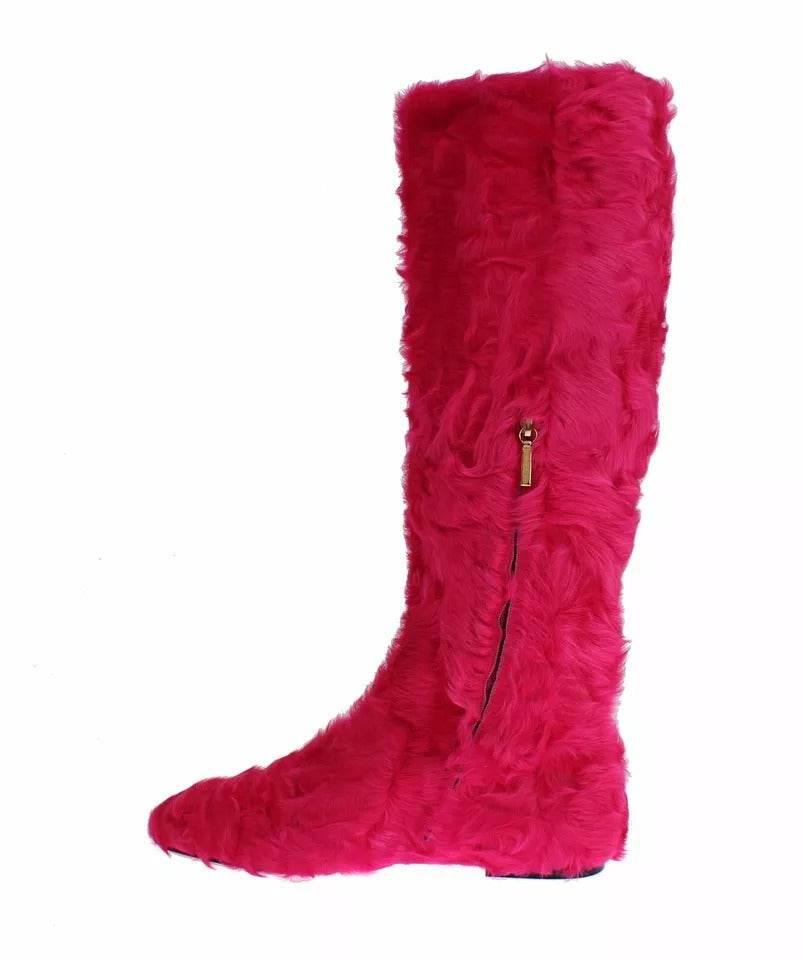 Dolce & Gabbana Pink Lamb Fur Leather Flat Boots Shoes - Hilstor