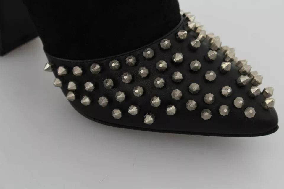Philipp Plein Black Suede Studded Heels Ankle Boots Shoes - Hilstor