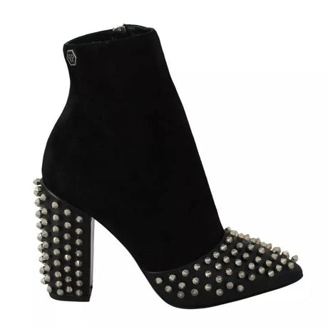 Philipp Plein Black Suede Studded Heels Ankle Boots Shoes - Hilstor