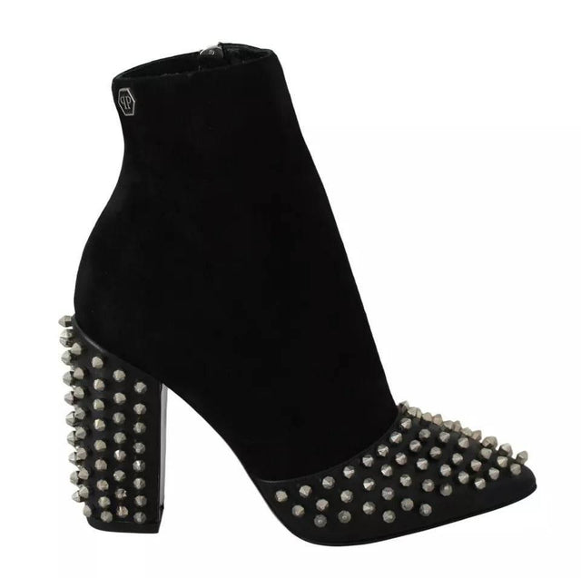 Philipp Plein Black Suede Studded Heels Ankle Boots Shoes - Hilstor