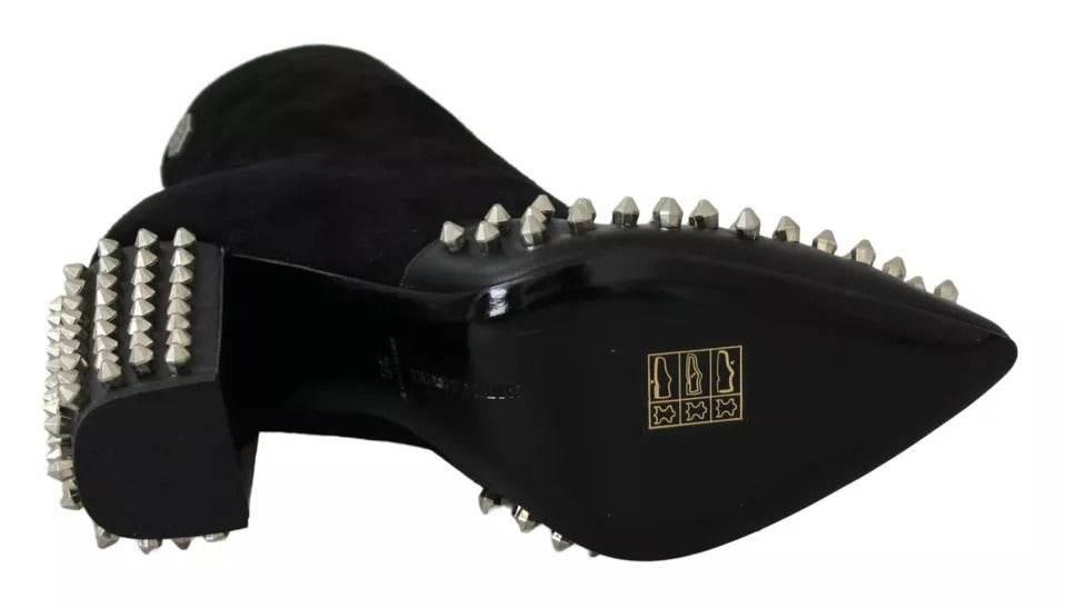 Philipp Plein Black Suede Studded Heels Ankle Boots Shoes - Hilstor