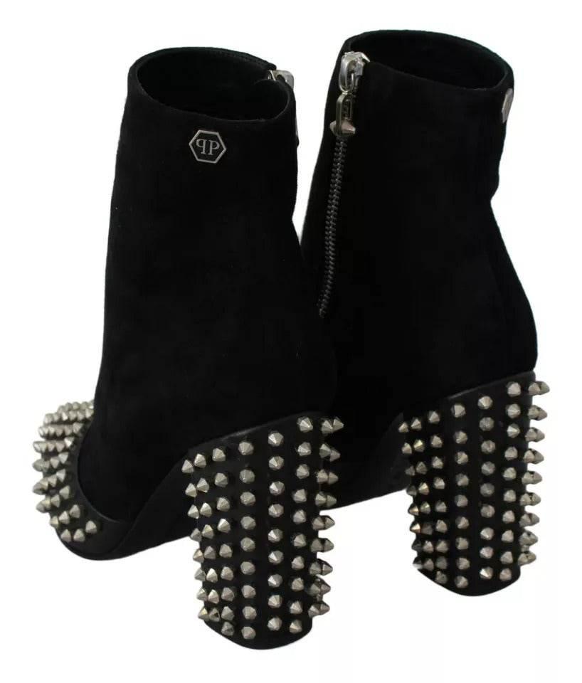 Philipp Plein Black Suede Studded Heels Ankle Boots Shoes - Hilstor