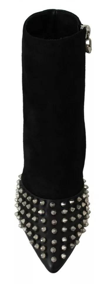 Philipp Plein Black Suede Studded Heels Ankle Boots Shoes - Hilstor