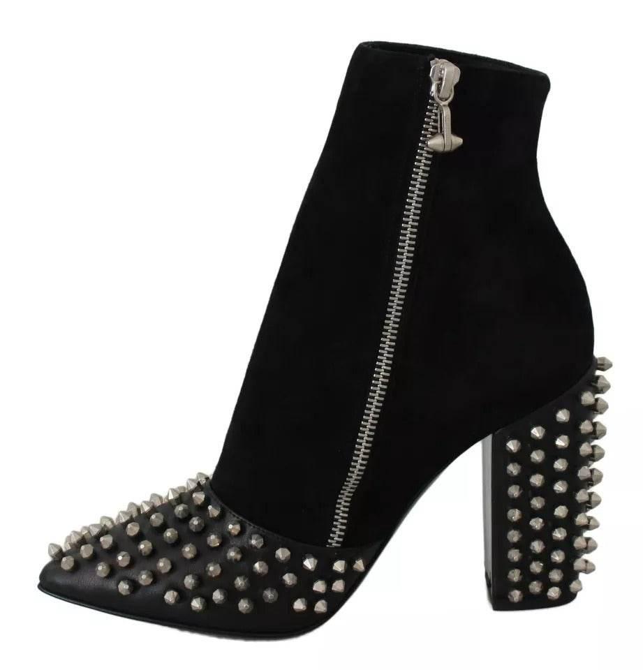 Philipp Plein Black Suede Studded Heels Ankle Boots Shoes - Hilstor