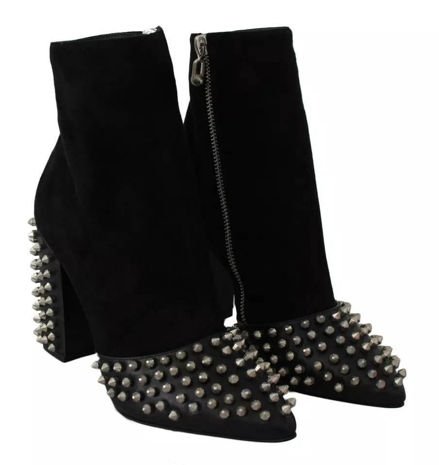 Philipp Plein Black Suede Studded Heels Ankle Boots Shoes - Hilstor