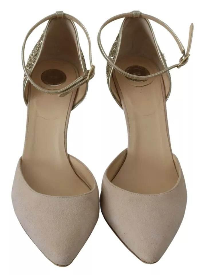 Elisabetta Franchi Beige Linen Ankle Strap High Heels Shoes - Hilstor