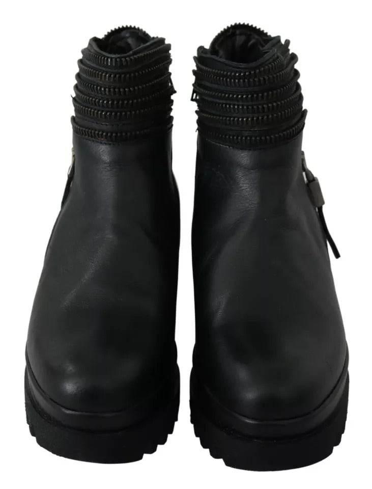 Ovyé Black Leather Zipper Ankle Boots Shoes - Hilstor