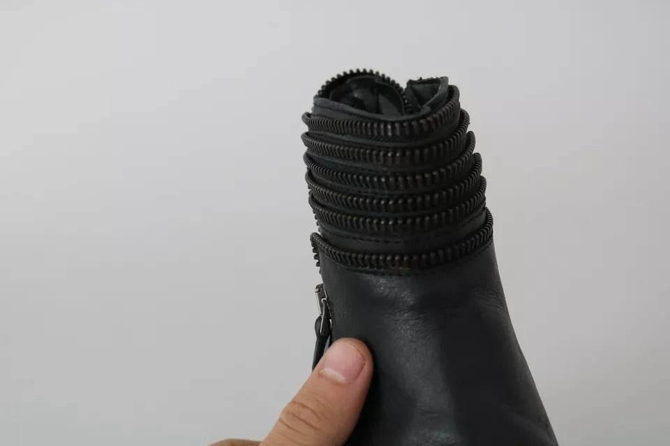Ovyé Black Leather Zipper Ankle Boots Shoes - Hilstor