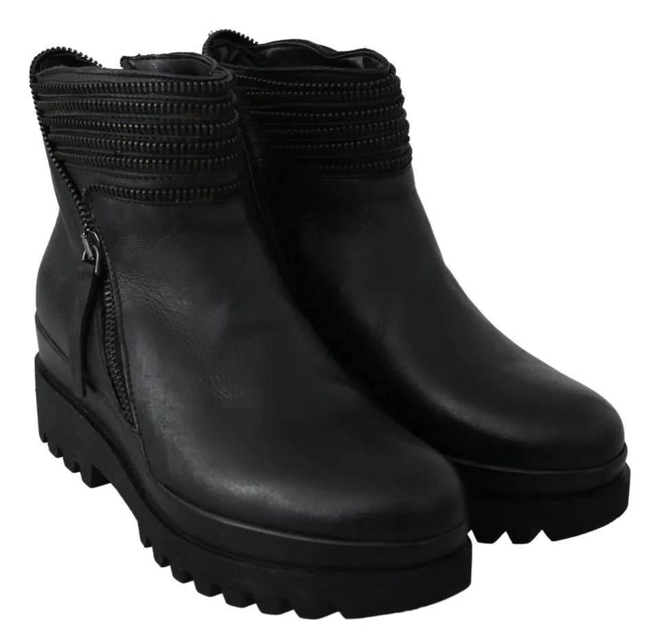 Ovyé Black Leather Zipper Ankle Boots Shoes - Hilstor